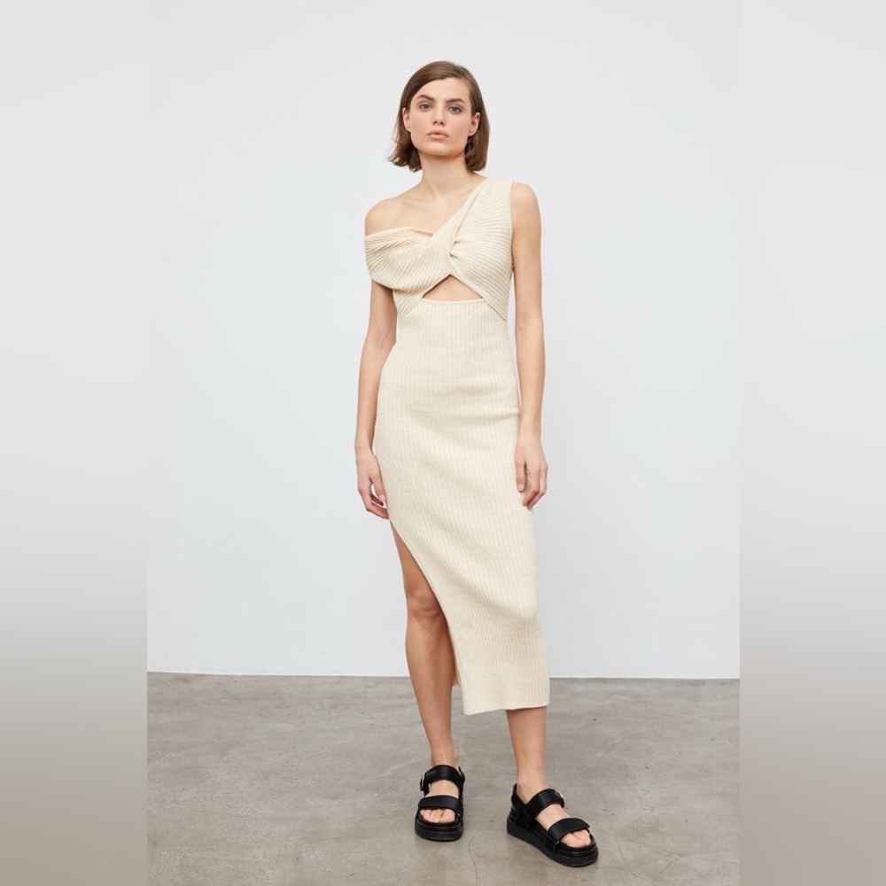 Anna Quan Zanita Wheat Ribbed Knit Twist Cut-Out Midi Dress - Picture 3 of 14
